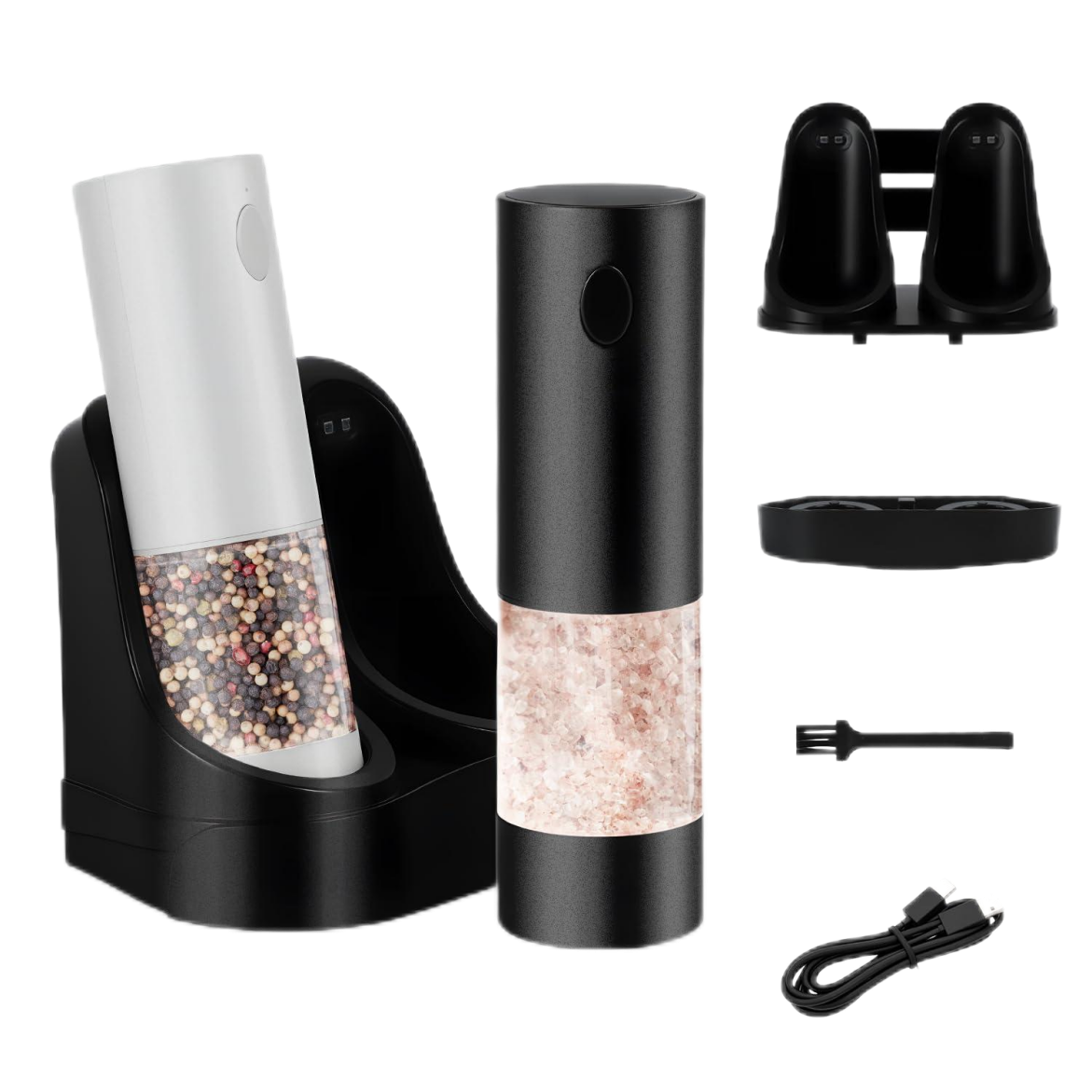 Automatic Salt and Pepper Grinder Set with Charging Base, LED Light, 5-Level Adjustable Coarseness, One-Handed Operation