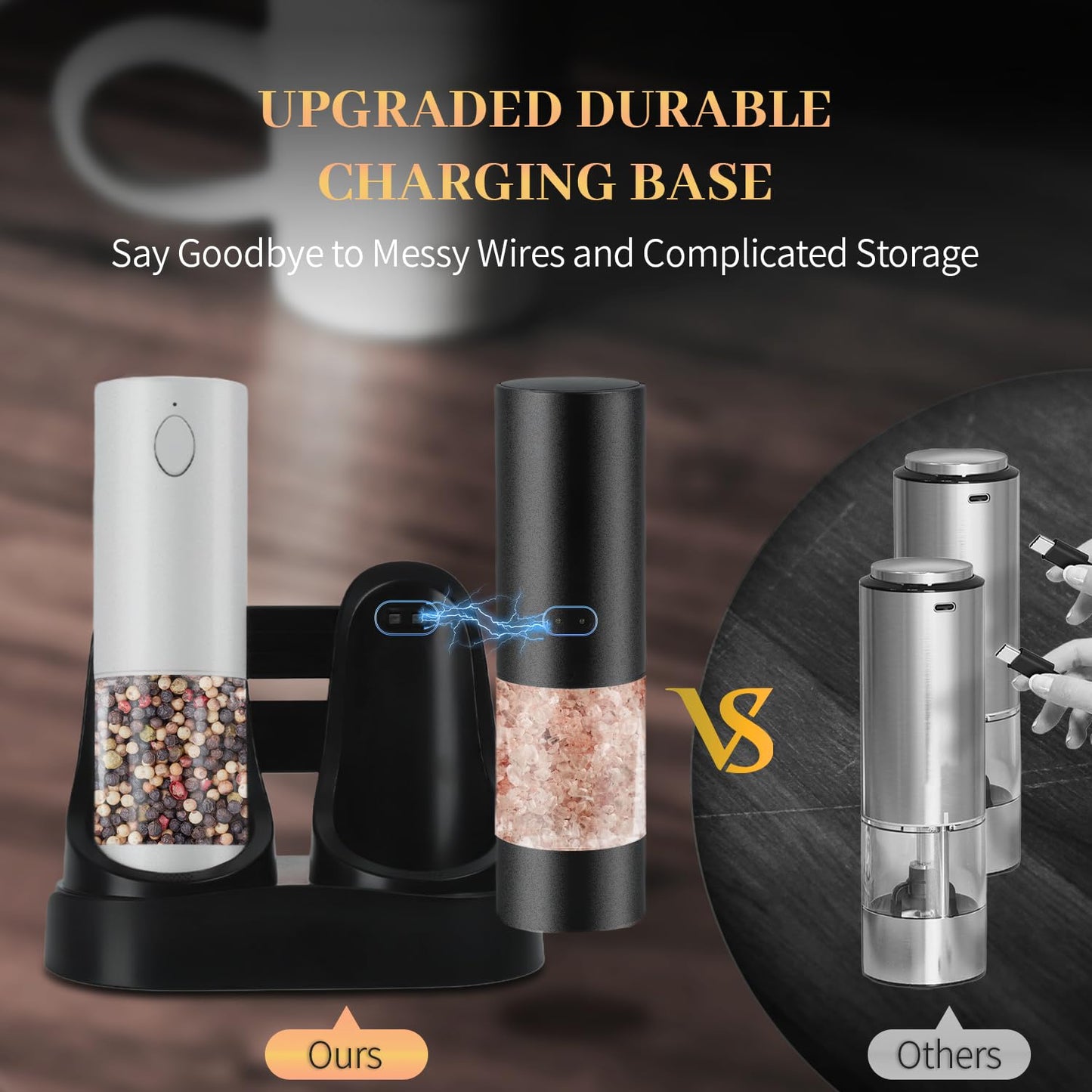 Automatic Salt and Pepper Grinder Set with Charging Base, LED Light, 5-Level Adjustable Coarseness, One-Handed Operation