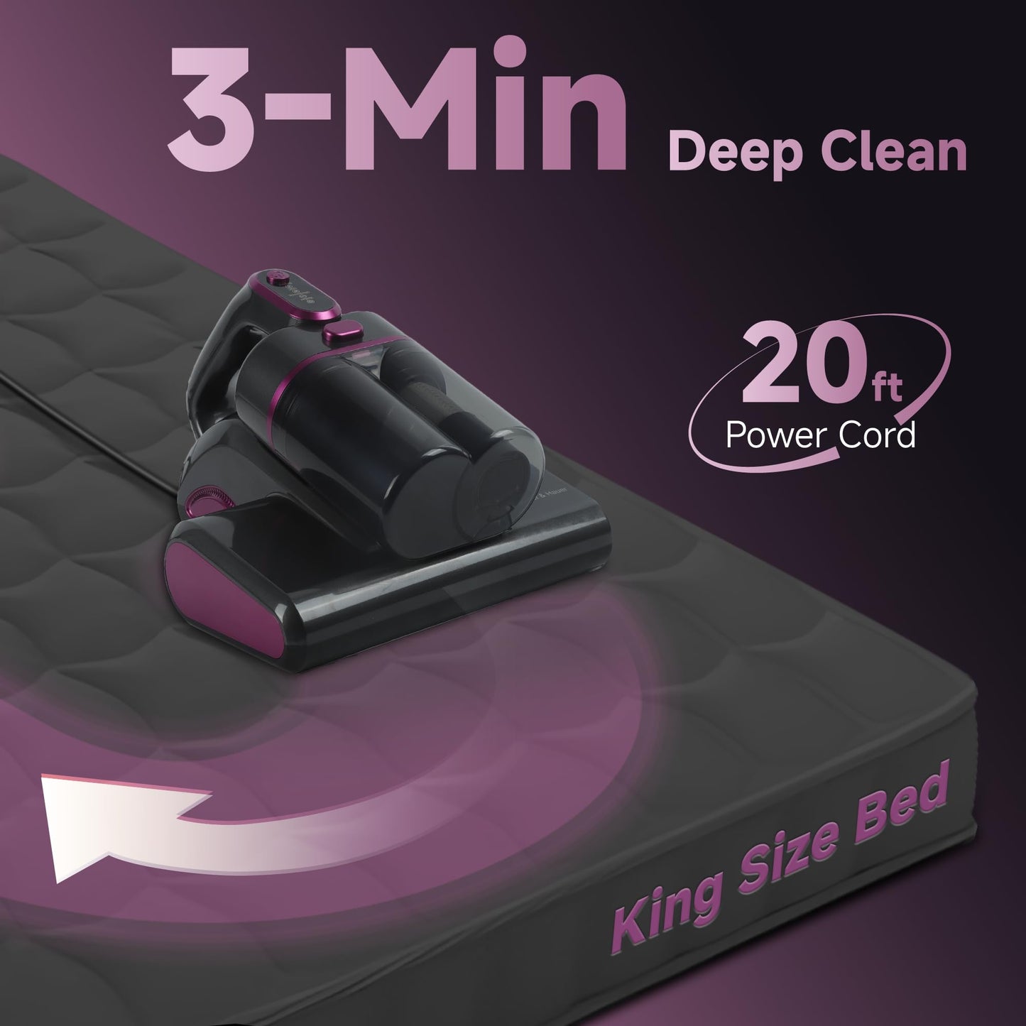 16Kpa Mattress Bed Vacuum Cleaner with 20ft Cord, 253.7nm UV-C Light,Ultrasonic, Deep Cleaning