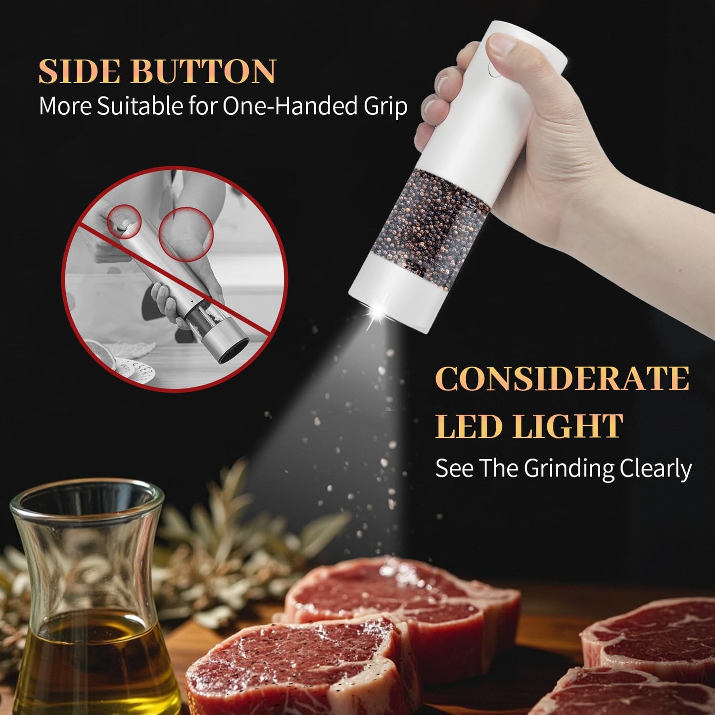 Automatic Salt and Pepper Grinder Set with Charging Base, LED Light, 5-Level Adjustable Coarseness, One-Handed Operation
