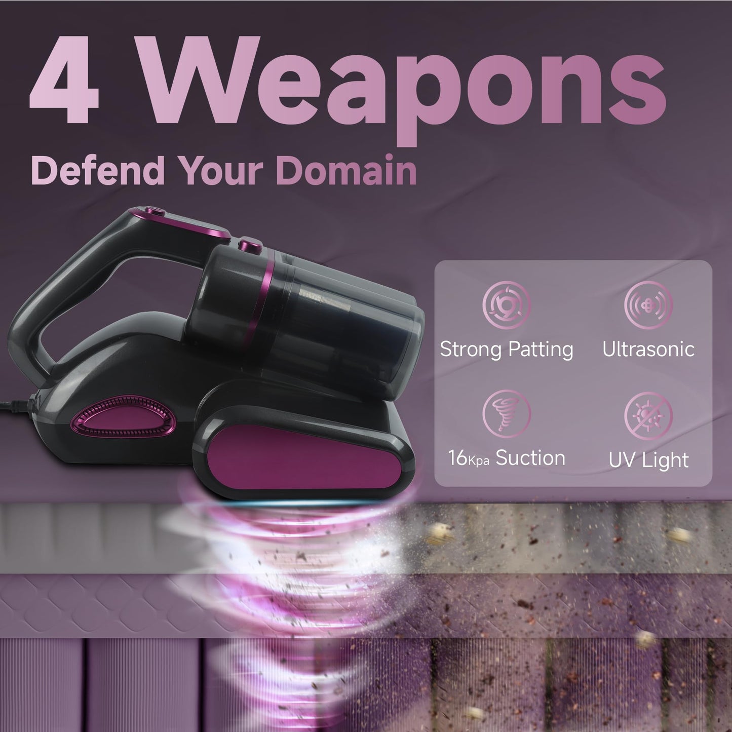 16Kpa Mattress Bed Vacuum Cleaner with 20ft Cord, 253.7nm UV-C Light,Ultrasonic, Deep Cleaning