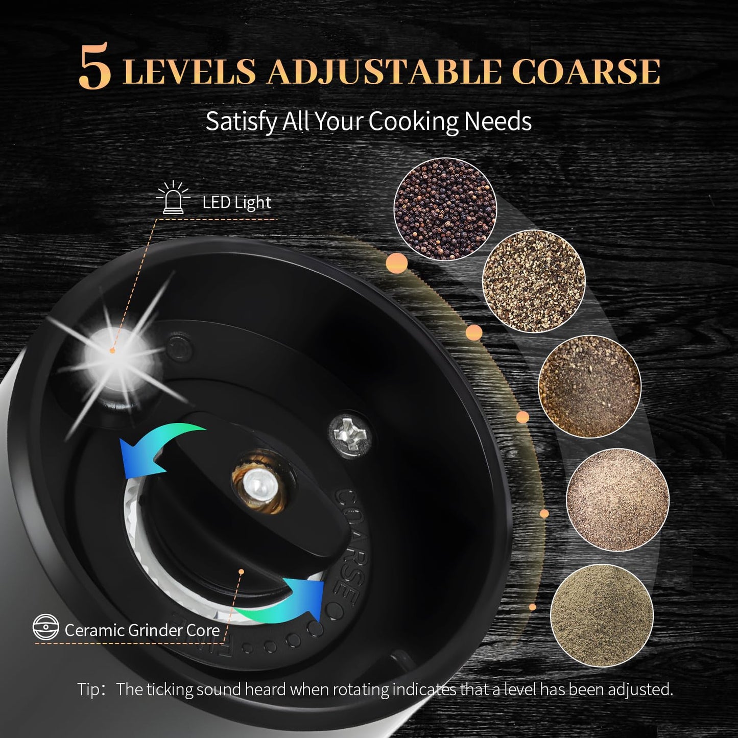 Automatic Salt and Pepper Grinder Set with Charging Base, LED Light, 5-Level Adjustable Coarseness, One-Handed Operation