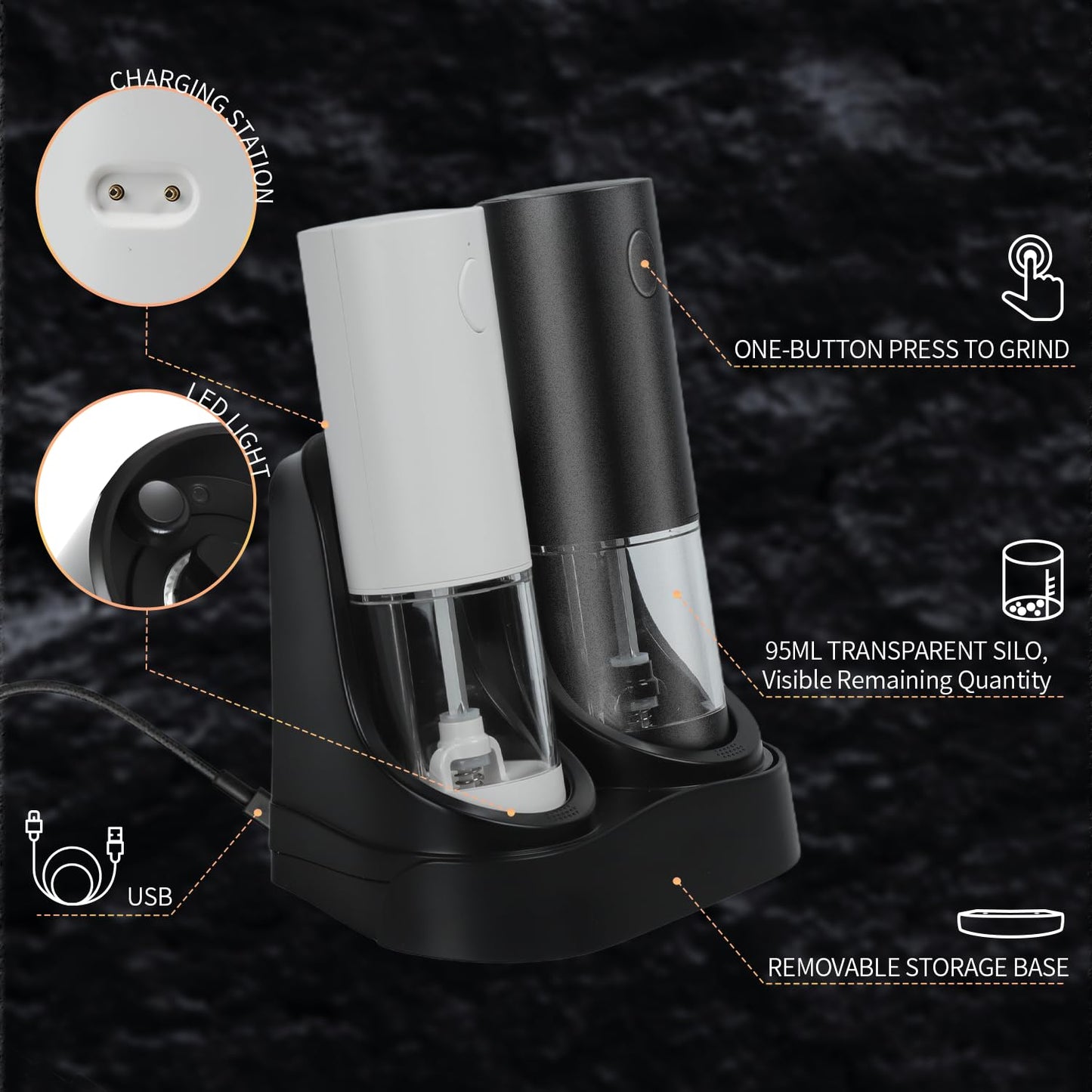 Automatic Salt and Pepper Grinder Set with Charging Base, LED Light, 5-Level Adjustable Coarseness, One-Handed Operation