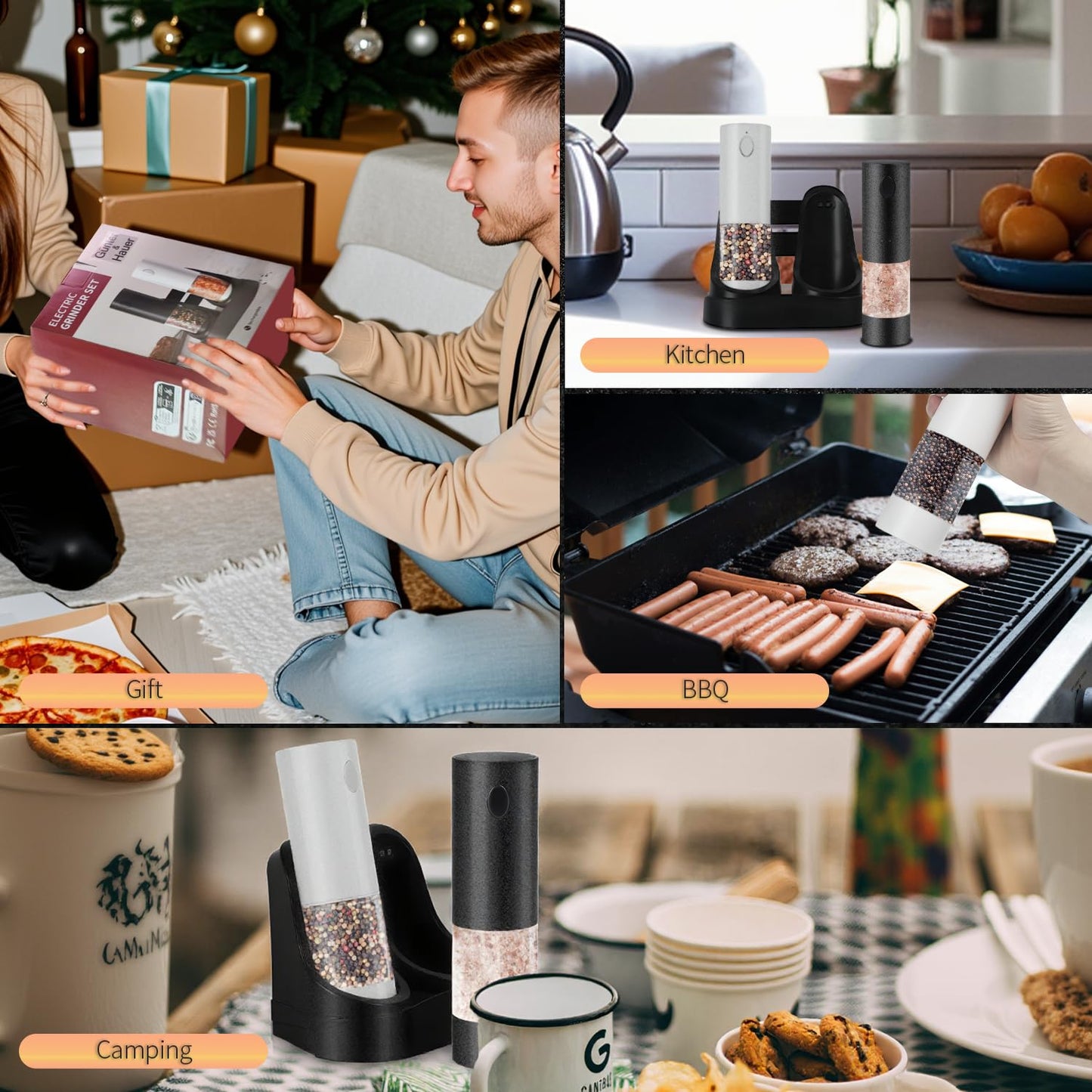 Automatic Salt and Pepper Grinder Set with Charging Base, LED Light, 5-Level Adjustable Coarseness, One-Handed Operation