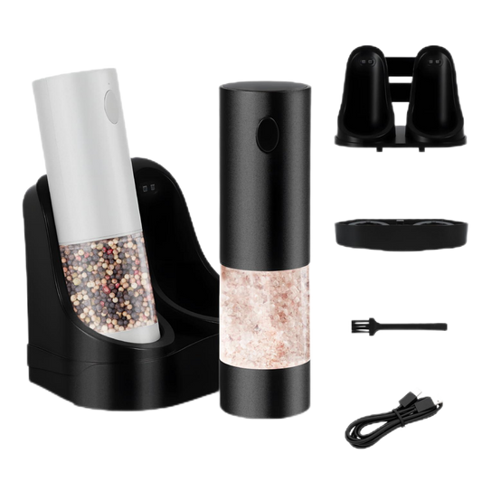 Automatic Salt and Pepper Grinder Set with Charging Base, LED Light, 5-Level Adjustable Coarseness, One-Handed Operation