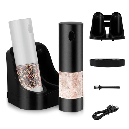 Automatic Salt and Pepper Grinder Set with Charging Base, LED Light, 5-Level Adjustable Coarseness, One-Handed Operation