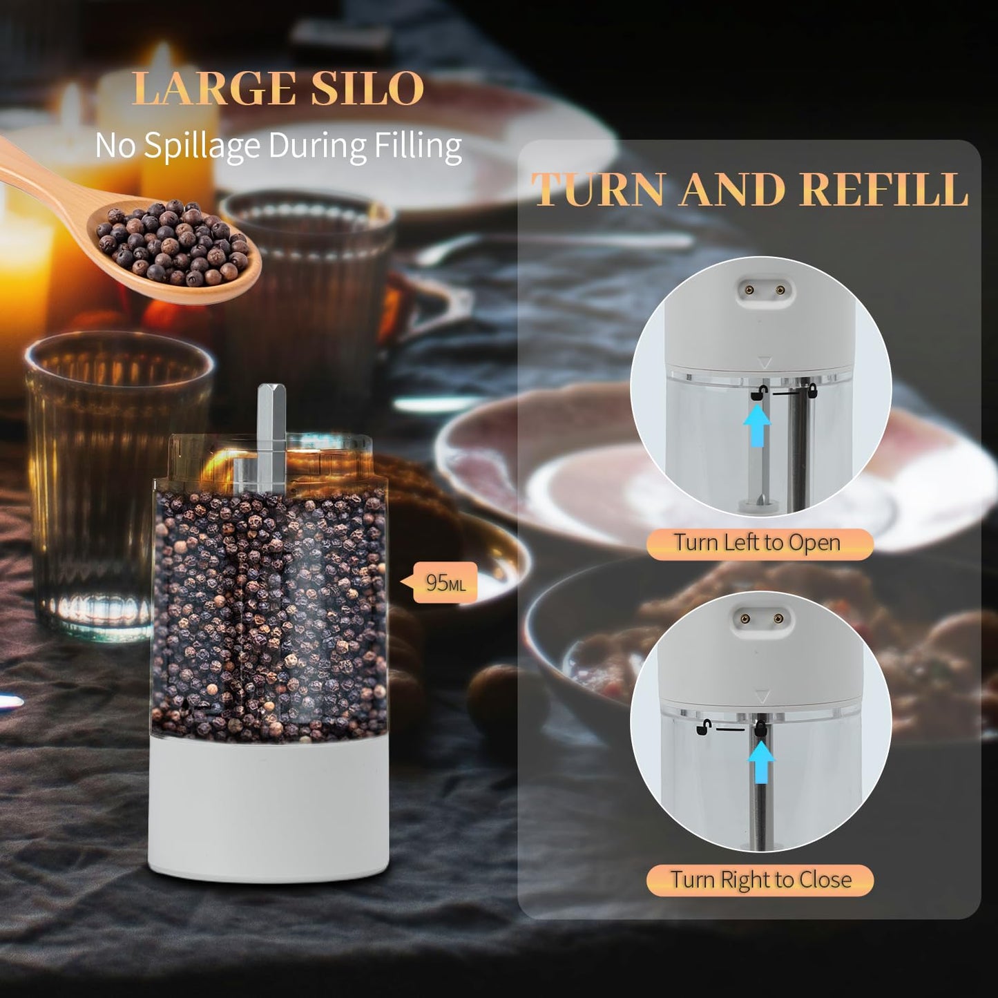 Automatic Salt and Pepper Grinder Set with Charging Base, LED Light, 5-Level Adjustable Coarseness, One-Handed Operation